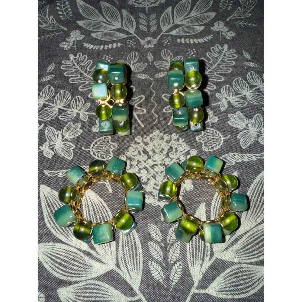 Set of 4 Green‎ Beaded Napkin Rings Gold Wire Glass Bead Table Decor Handmade
